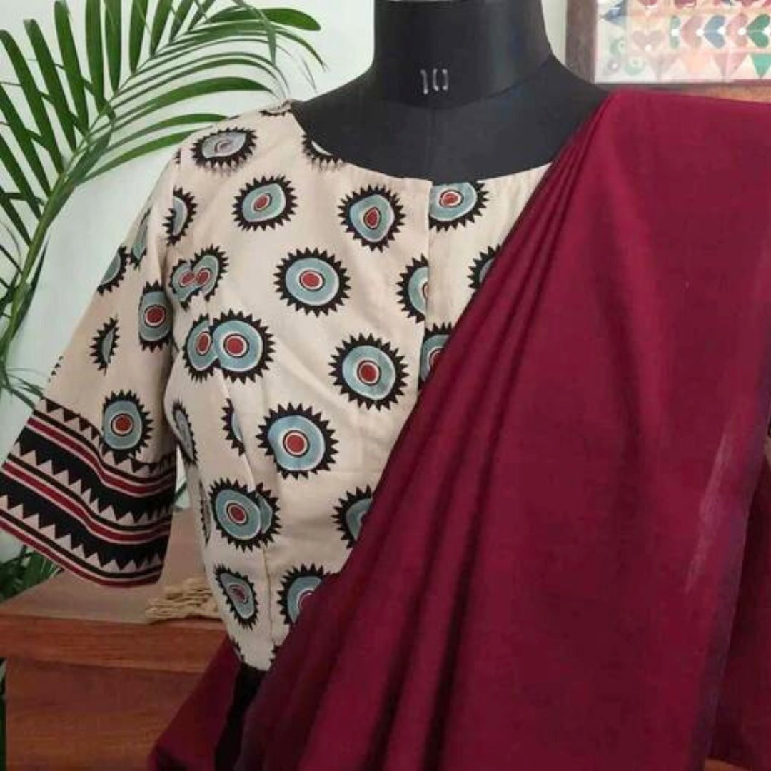 Buy Cream Ajrakh Blouse with Chakra Print | Godhuli
