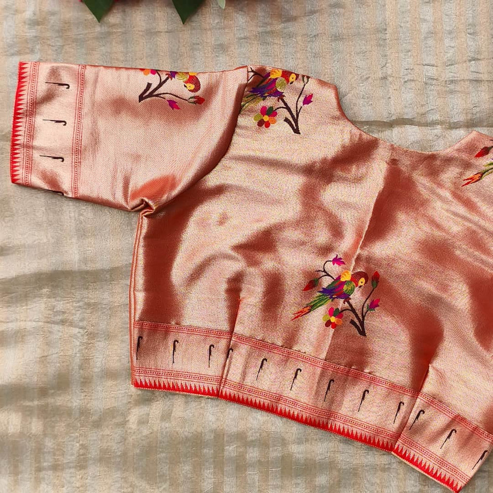 Golden Red Parrot Motif Paithani Readymade Blouse | Godhuli
