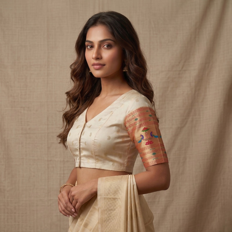 Cream Paithani Peacock Border Sleeves Readymade Blouse | Godhuli