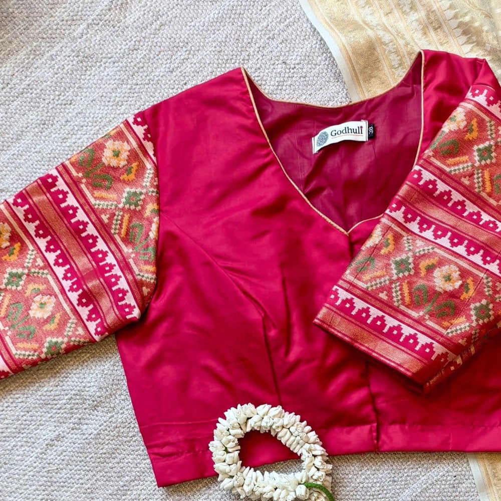 Cherry Red Patola Sleeves Readymade Blouse | Godhuli