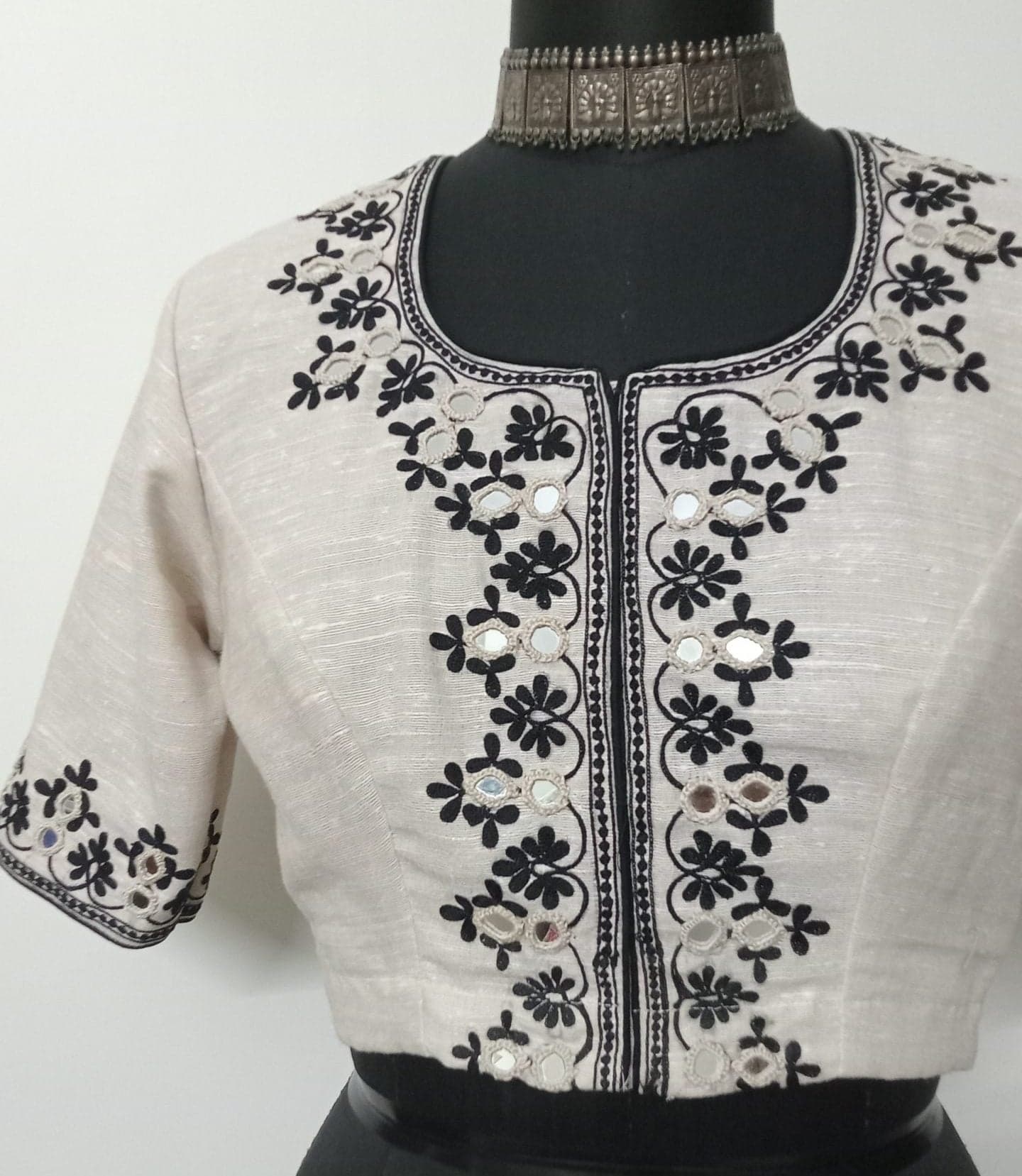 Aari work Beige Readymade Blouse with Mirrors | Godhuli