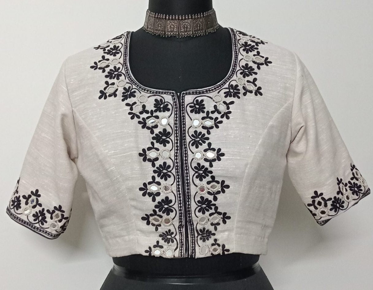 Aari work Beige Readymade Blouse with Mirrors | Godhuli