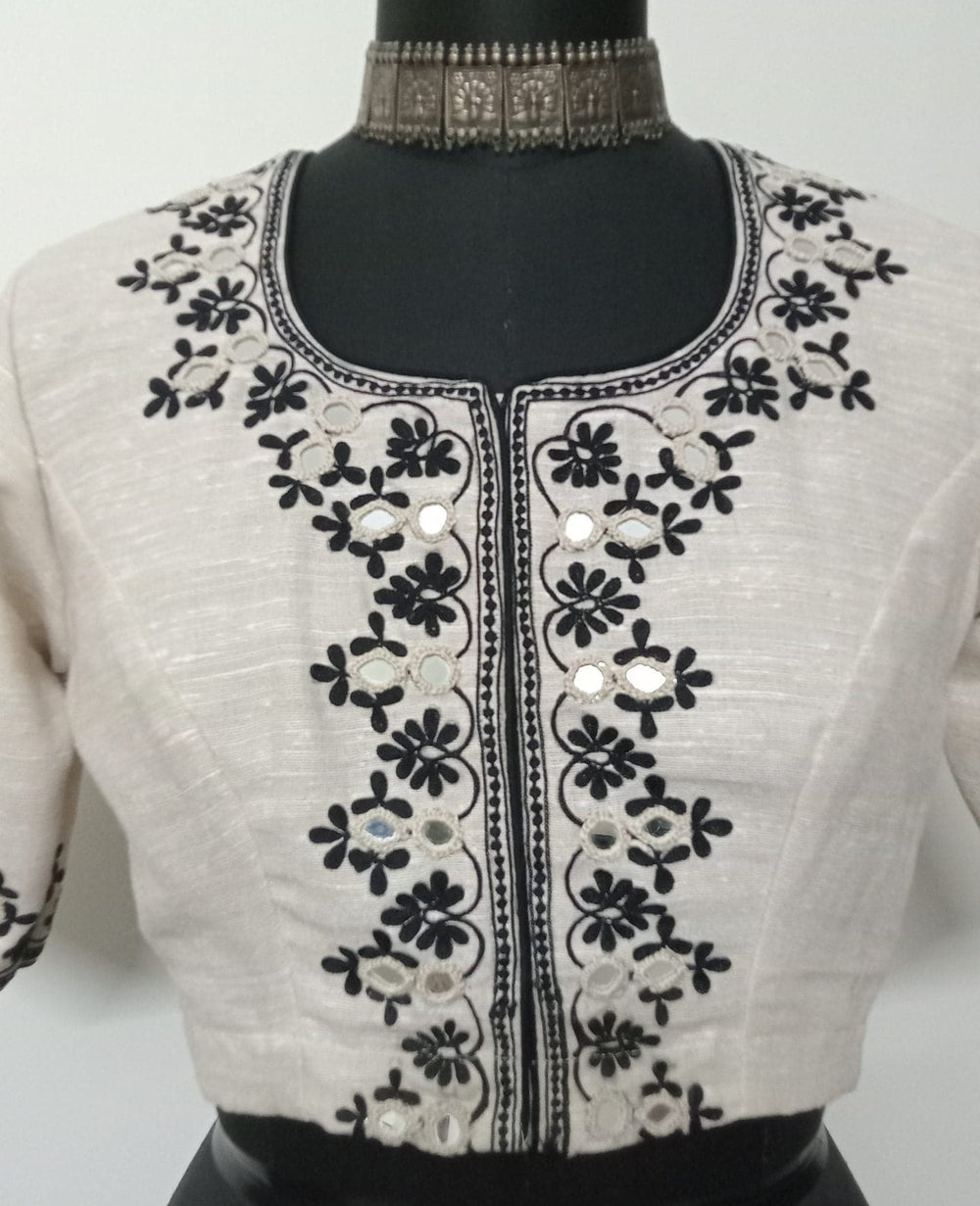 Aari work Beige Readymade Blouse with Mirrors | Godhuli