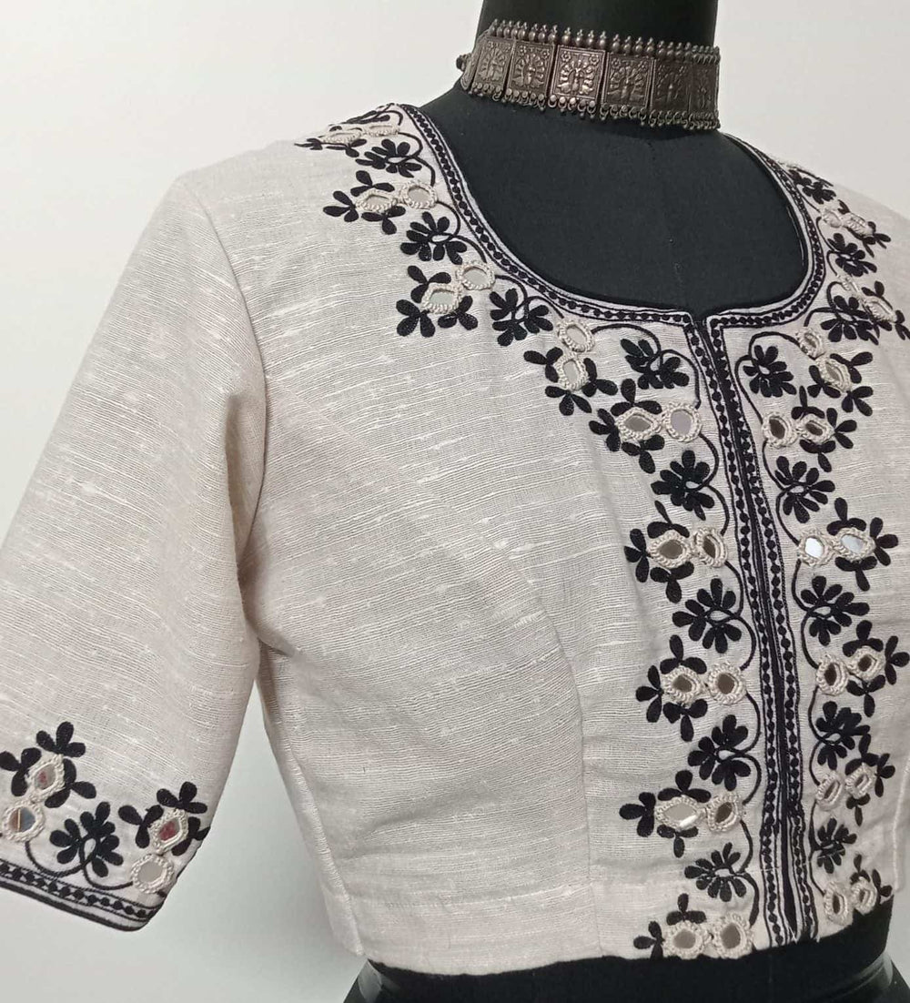 Aari work Beige Readymade Blouse with Mirrors | Godhuli