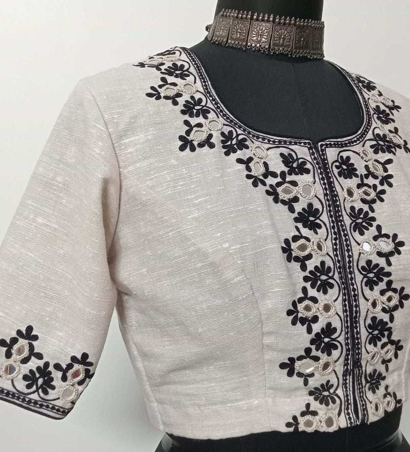 Aari work Beige Readymade Blouse with Mirrors | Godhuli