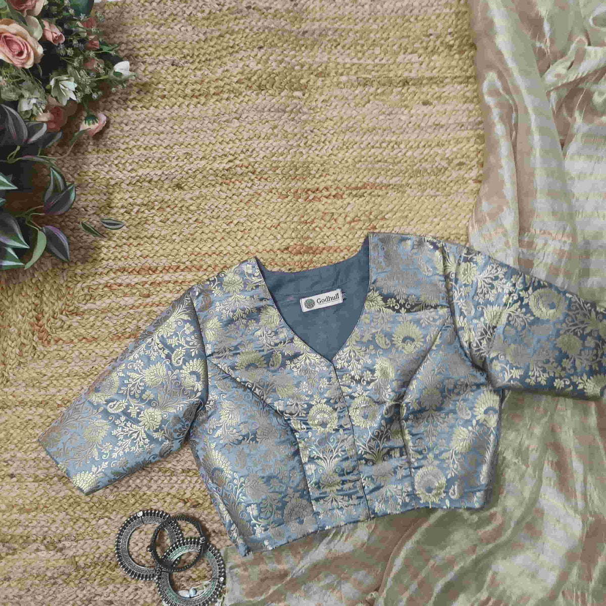 Ash Grey Banarasi Brocade Readymade Blouse | Godhuli