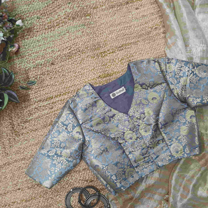 Ash Grey Banarasi Brocade Readymade Blouse | Godhuli