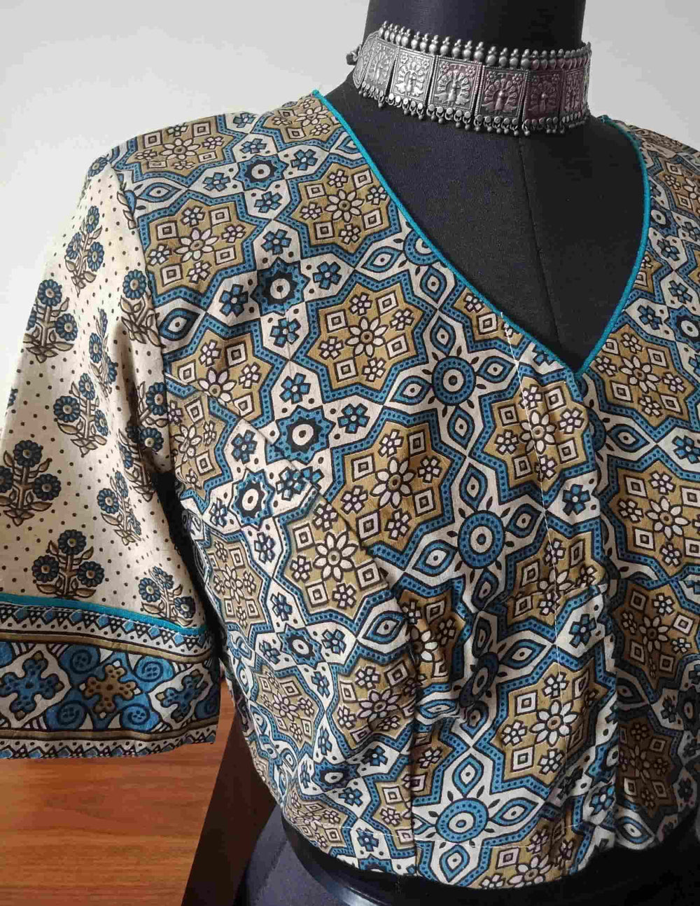 Beige Ajrakh Mughal Print Cotton Readymade Blouse | Godhuli