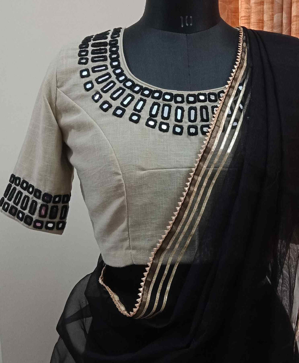 Beige Readymade Blouse with Black Handcrafted Mirrorwork | Godhuli