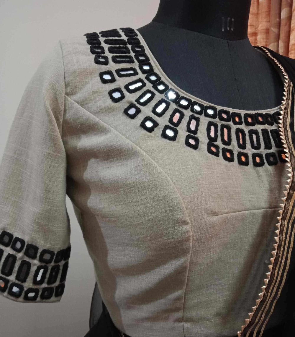 Beige Readymade Blouse with Black Handcrafted Mirrorwork | Godhuli