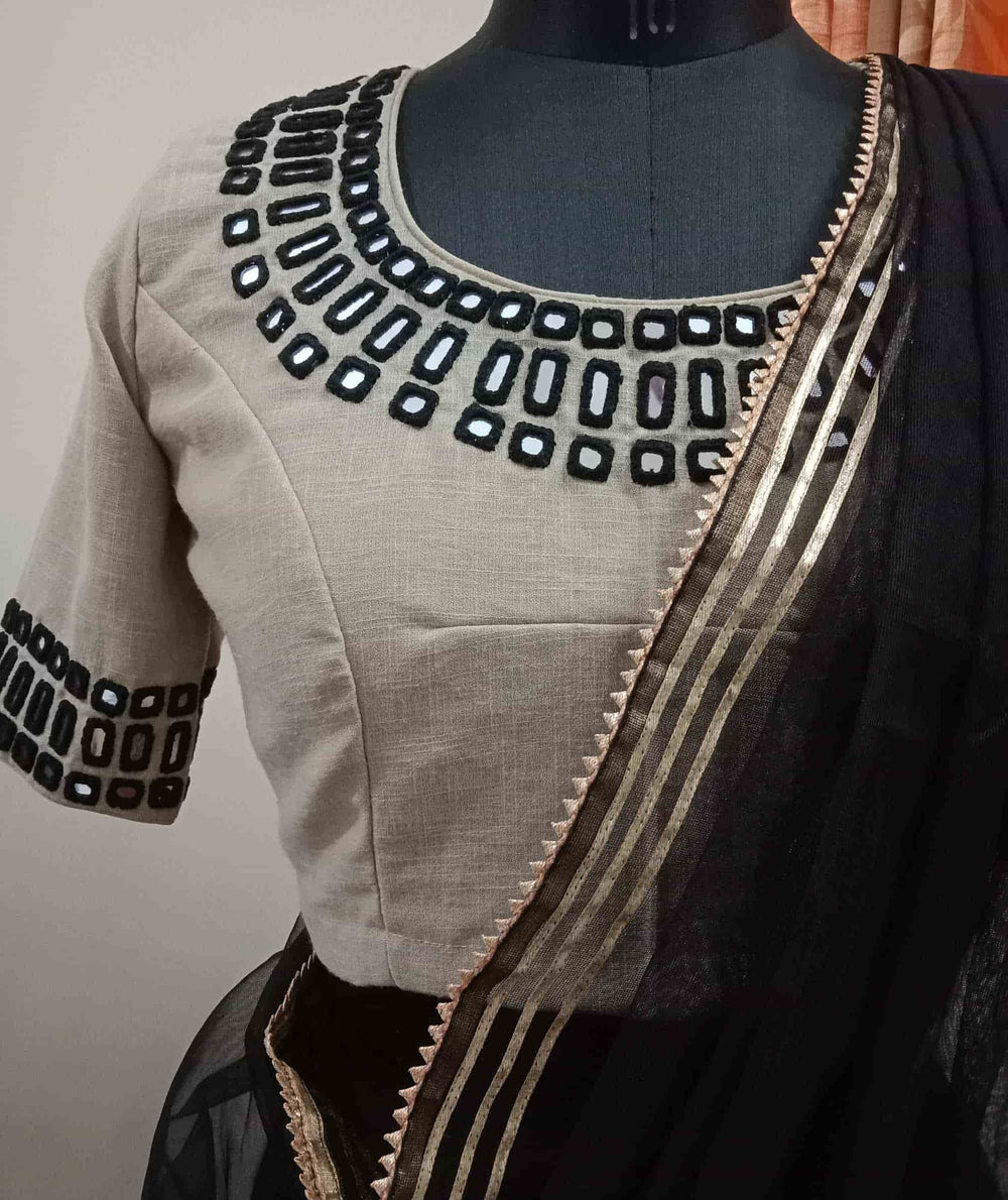 Beige Readymade Blouse with Black Handcrafted Mirrorwork | Godhuli