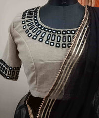 Beige Readymade Blouse with Black Handcrafted Mirrorwork | Godhuli