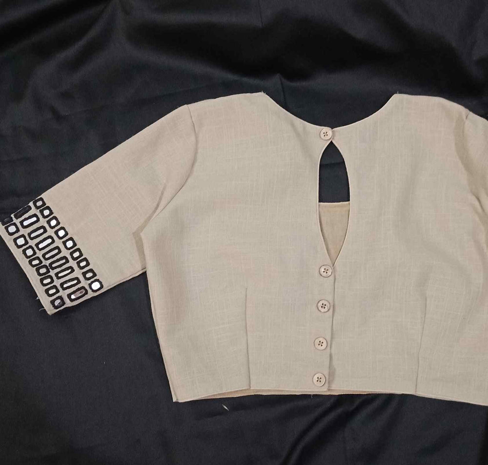 Beige Readymade Blouse with Black Handcrafted Mirrorwork | Godhuli