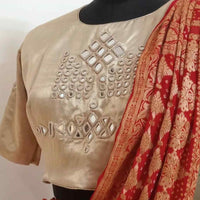 Beige Gaji Silk Mirror Work Readymade Blouse | Godhuli