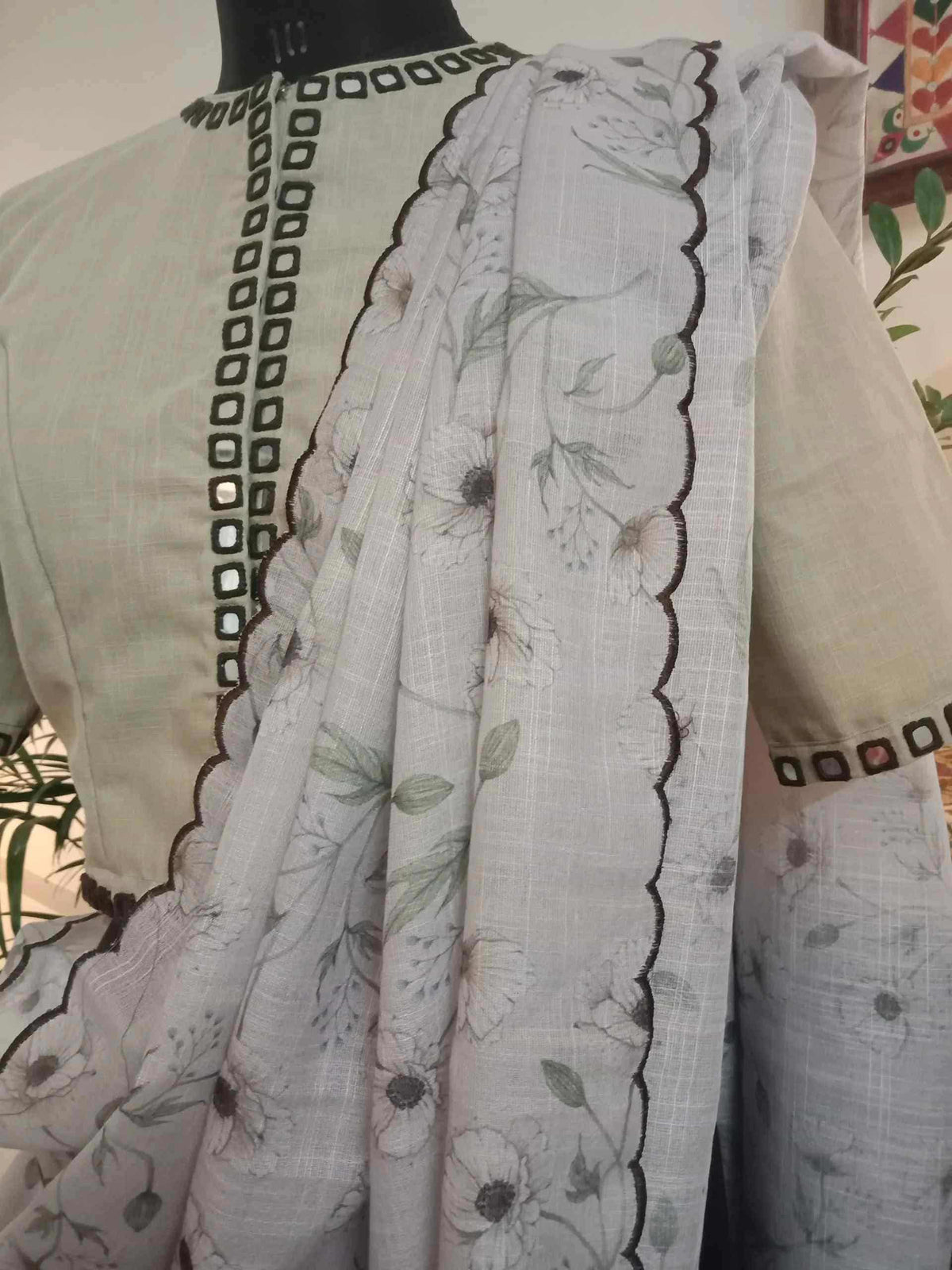 Beige Khakhi Mirror Work Readymade Blouse | Godhuli