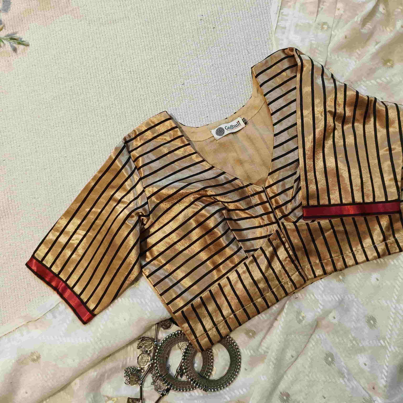 Beige Gaji Silk Stripes Readymade Blouse | Godhuli