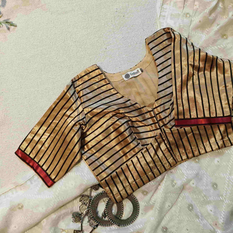 Beige Gaji Silk Stripes Readymade Blouse | Godhuli