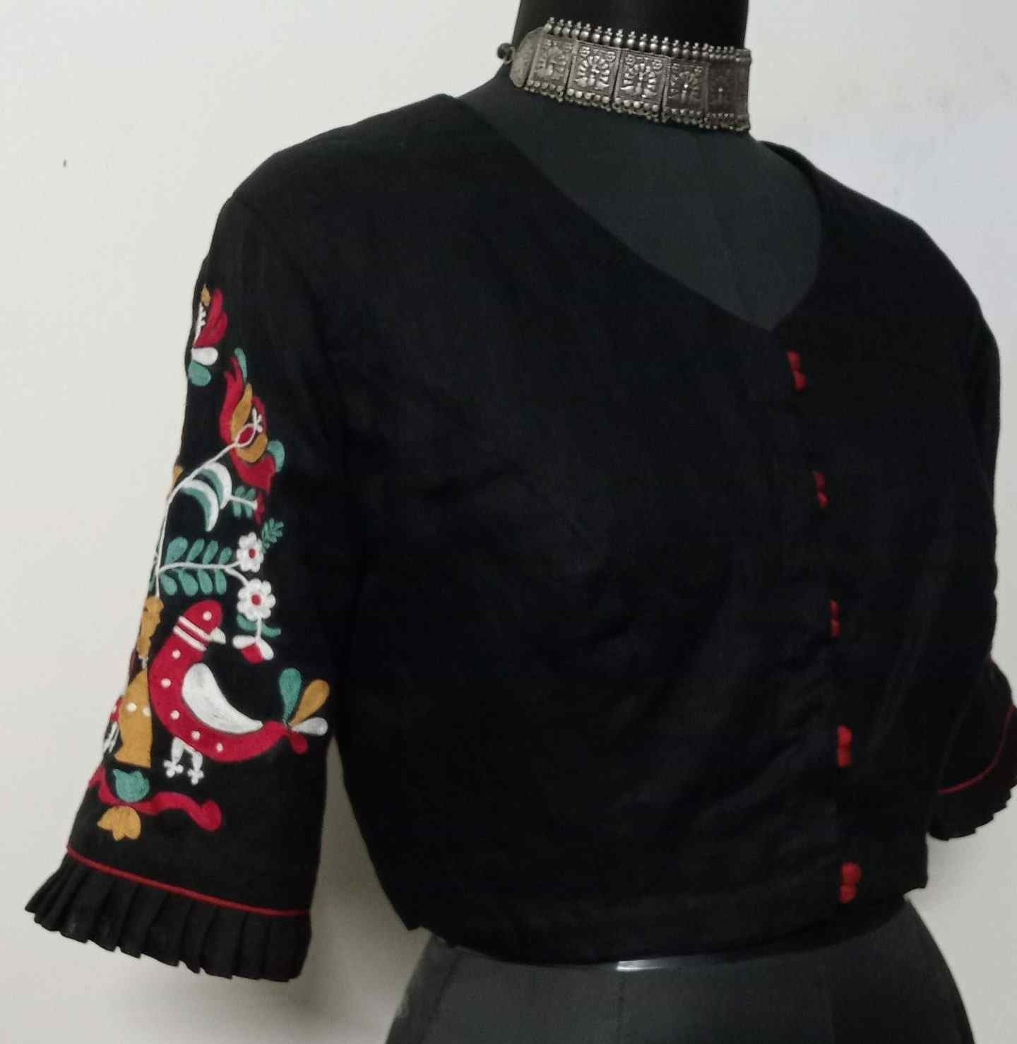 Black Embroidered Flex linen Cotton Readymade Blouse | Godhuli