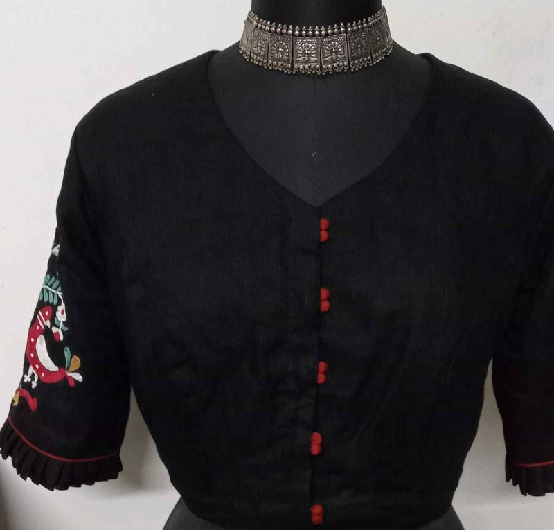 Black Embroidered Flex linen Cotton Readymade Blouse | Godhuli