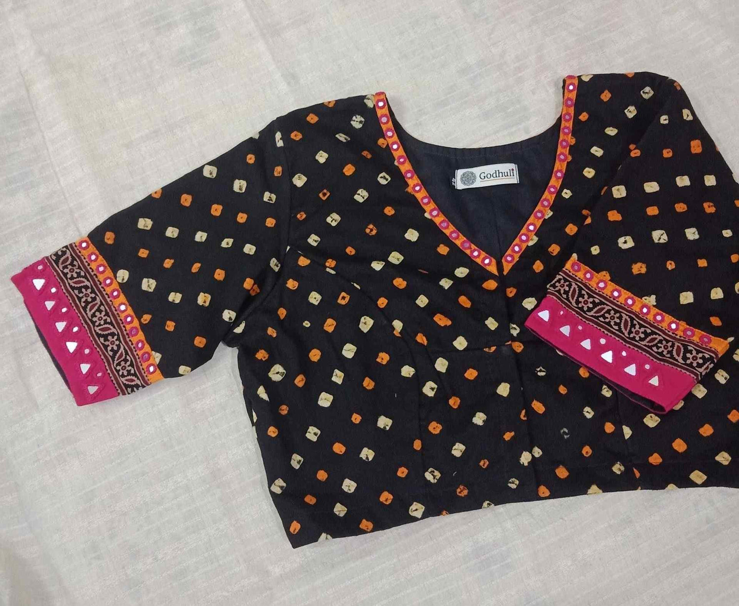 Black Rani Bandhani Mirror Work Readymade Blouse | Godhuli