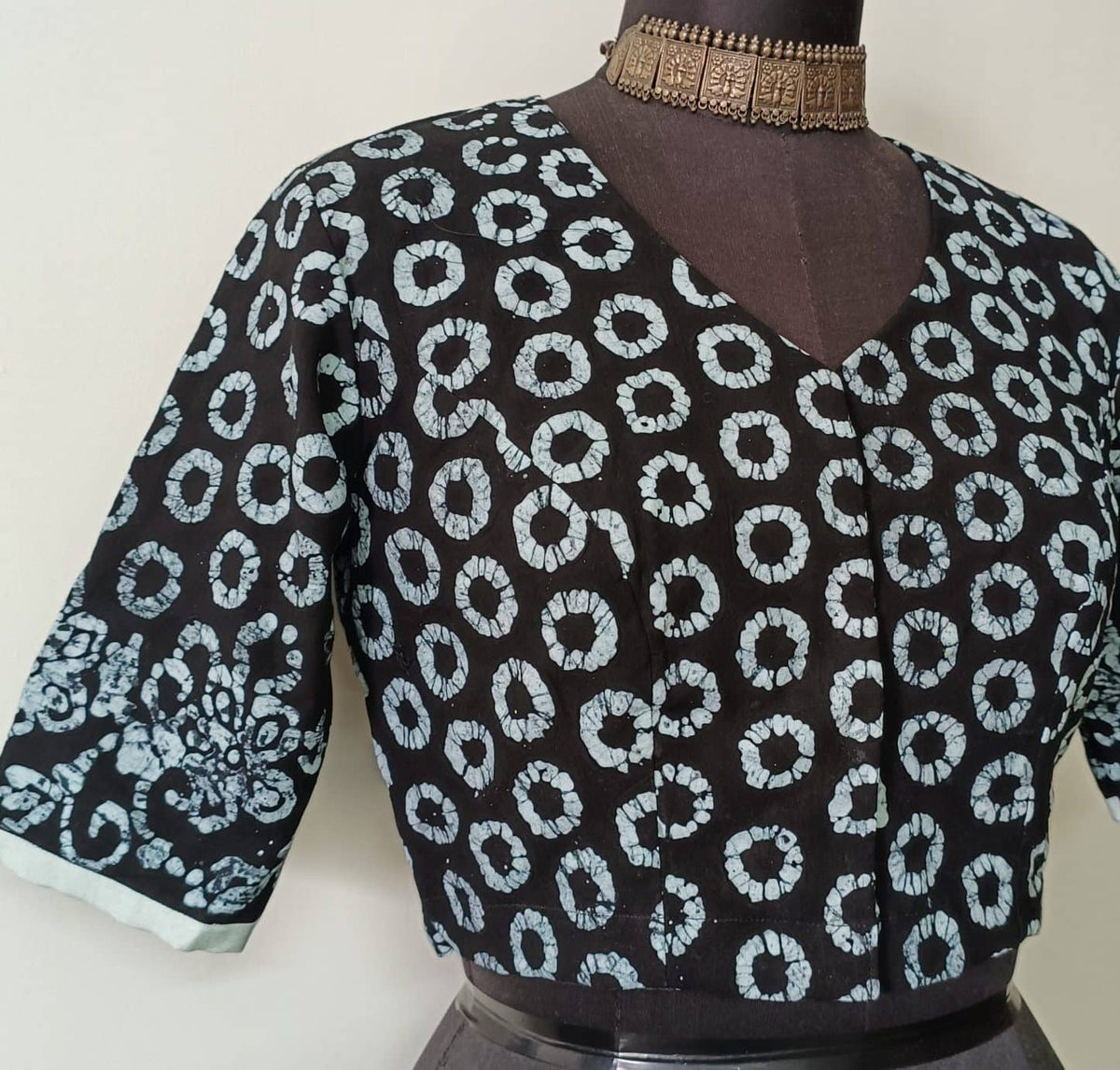 Black Batik Circle Print Readymade Blouse | Godhuli