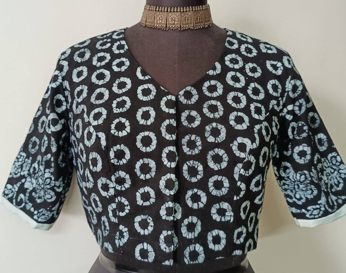 Black Batik Circle Print Readymade Blouse | Godhuli