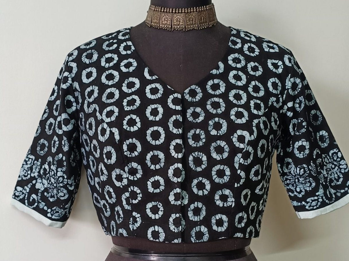 Black Batik Circle Print Readymade Blouse | Godhuli