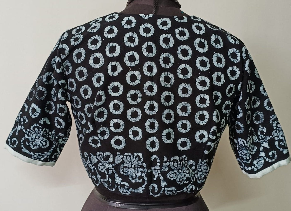 Black Batik Circle Print Readymade Blouse | Godhuli