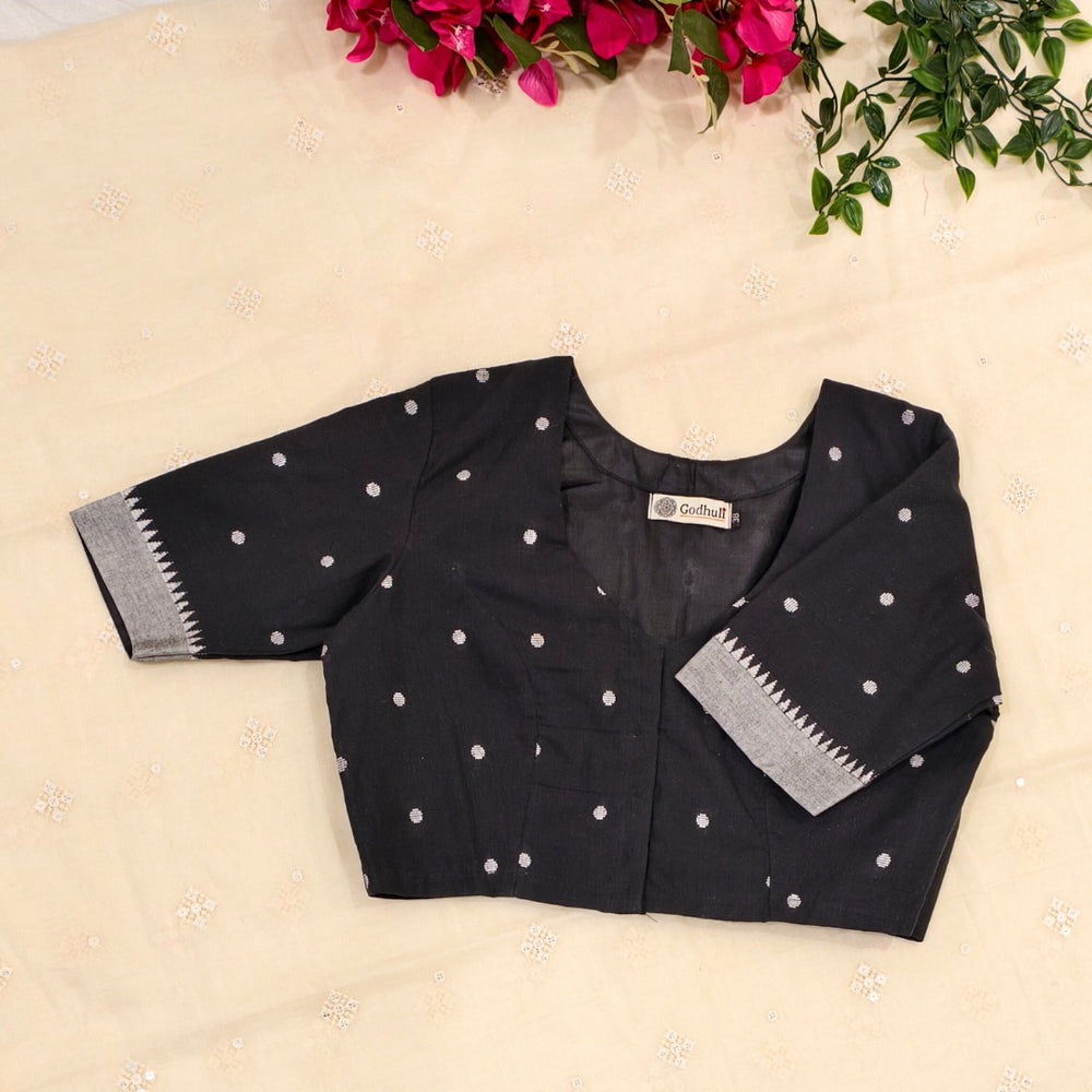 Black Jacquard Dot Readymade Blouse | Godhuli