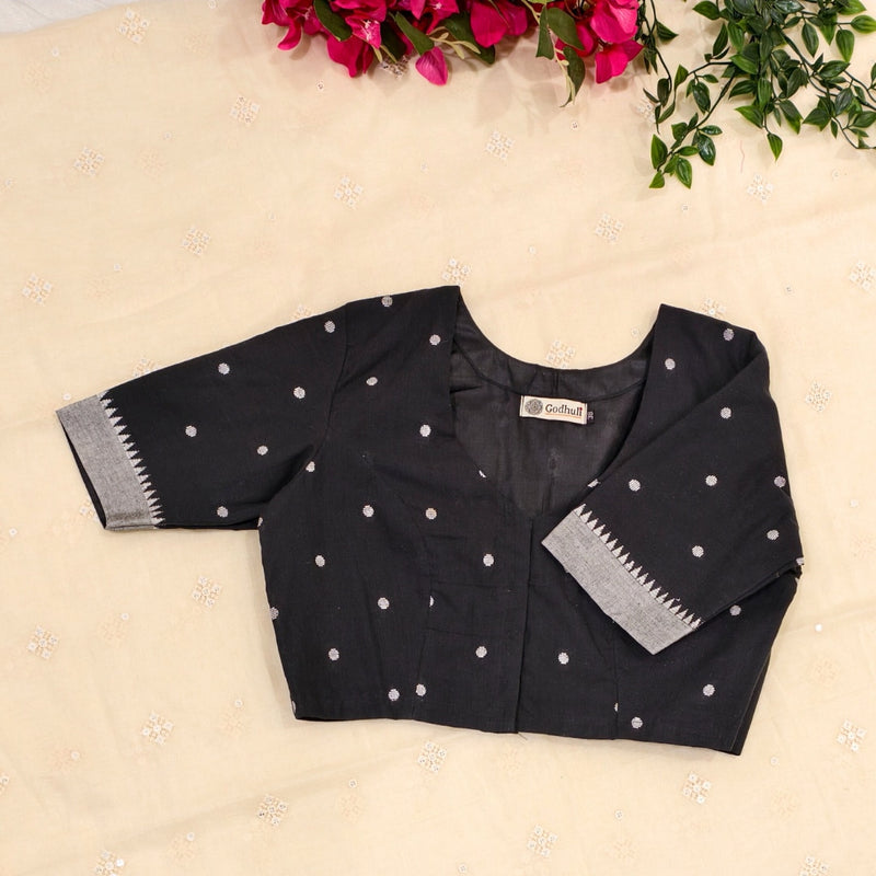 Black Jacquard Dot Readymade Blouse | Godhuli