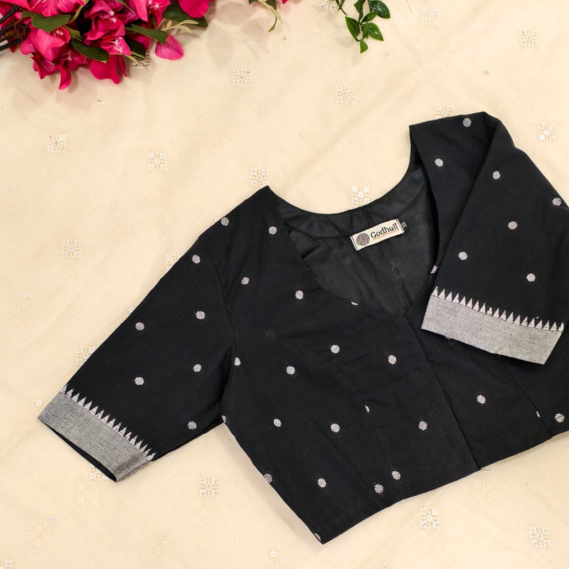 Black Jacquard Dot Readymade Blouse | Godhuli