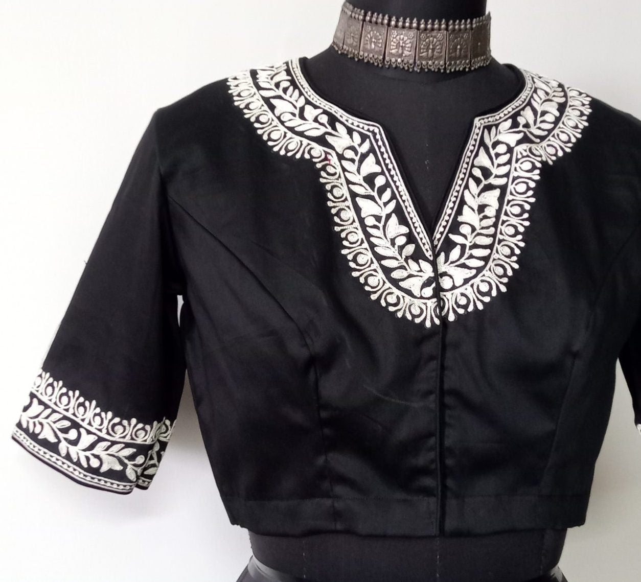 Black Readymade Blouse in off white Aari work Embroidery | Godhuli
