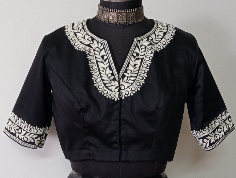 Black Readymade Blouse in off white Aari work Embroidery | Godhuli