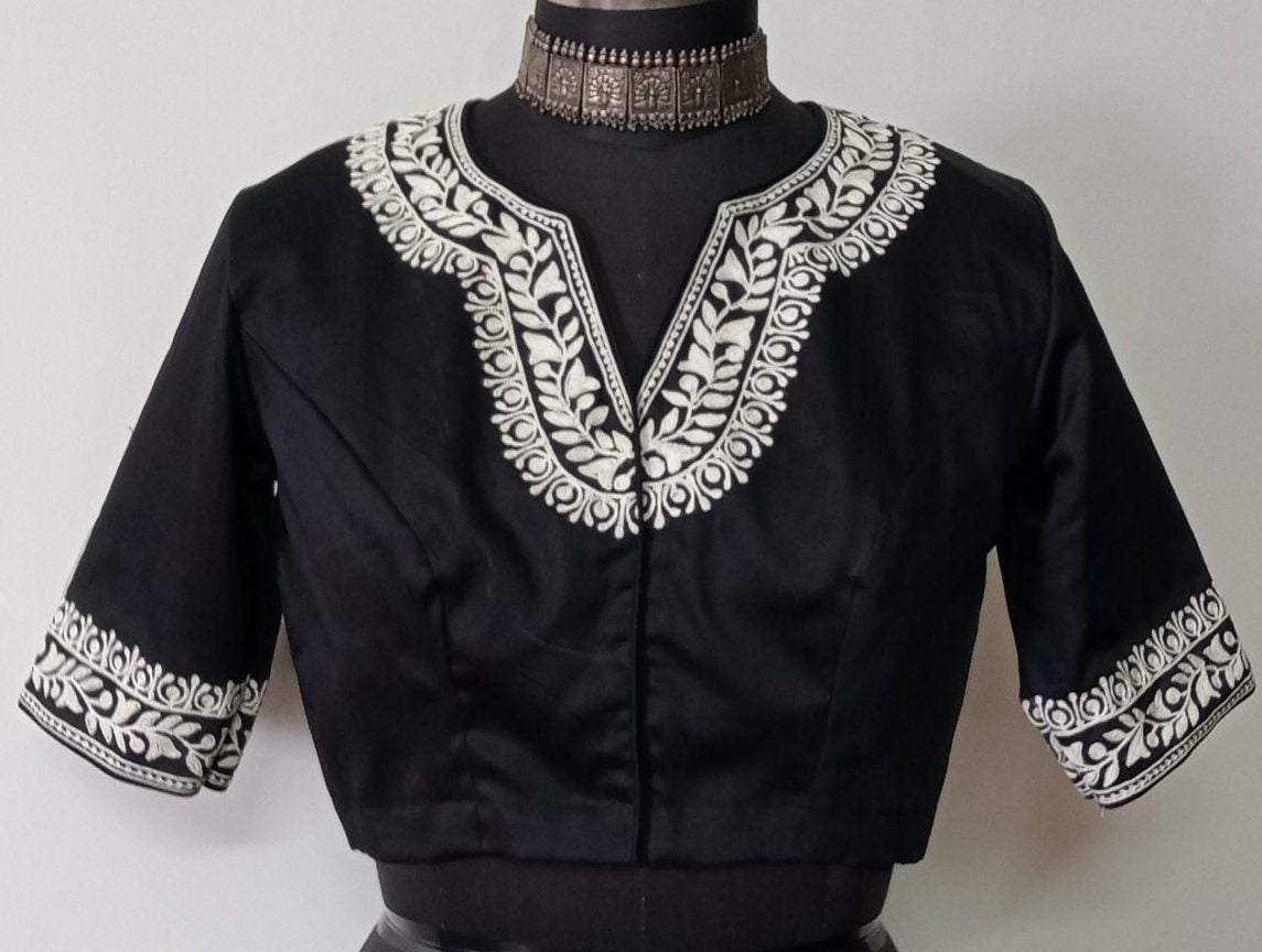 Black Readymade Blouse in off white Aari work Embroidery | Godhuli