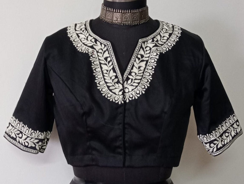 Black Readymade Blouse in off white Aari work Embroidery | Godhuli