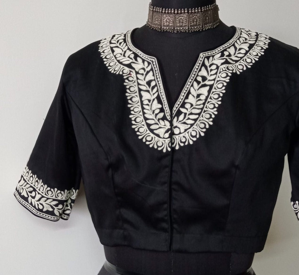 Black Readymade Blouse in off white Aari work Embroidery | Godhuli
