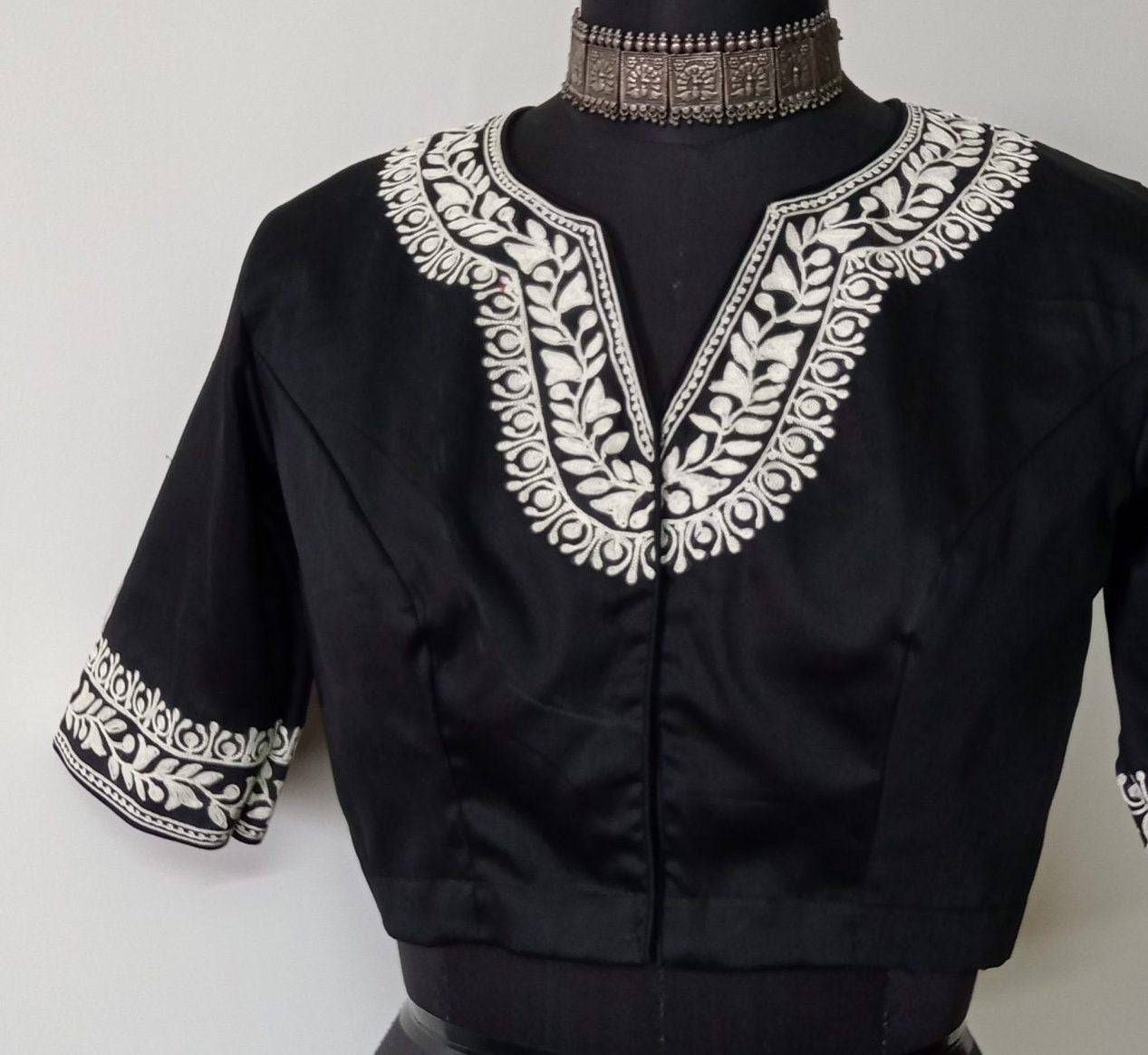 Black Readymade Blouse in off white Aari work Embroidery | Godhuli