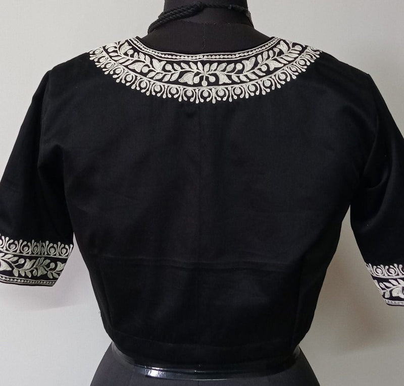Black Readymade Blouse in off white Aari work Embroidery | Godhuli