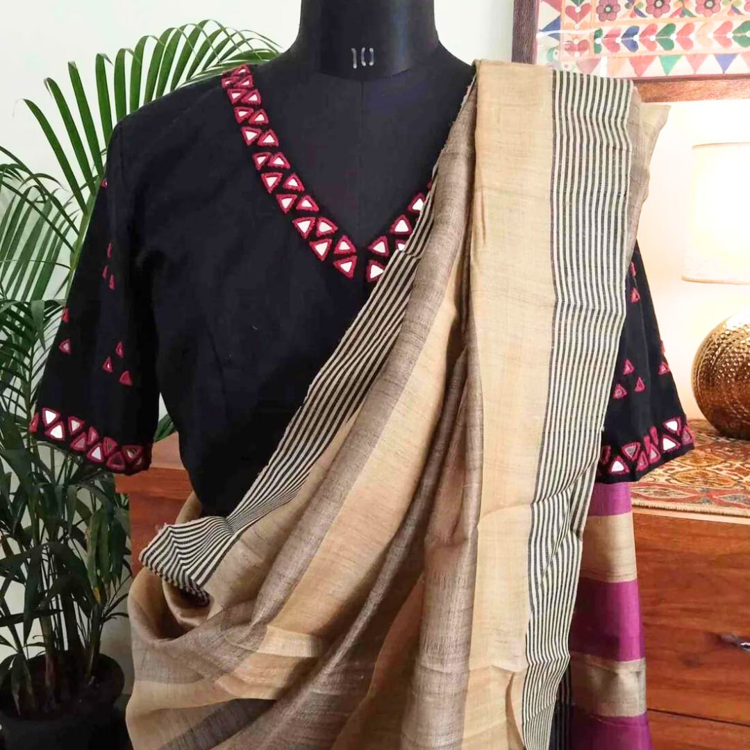 Black Readymade Blouse with Red Mirrorwork | Godhuli