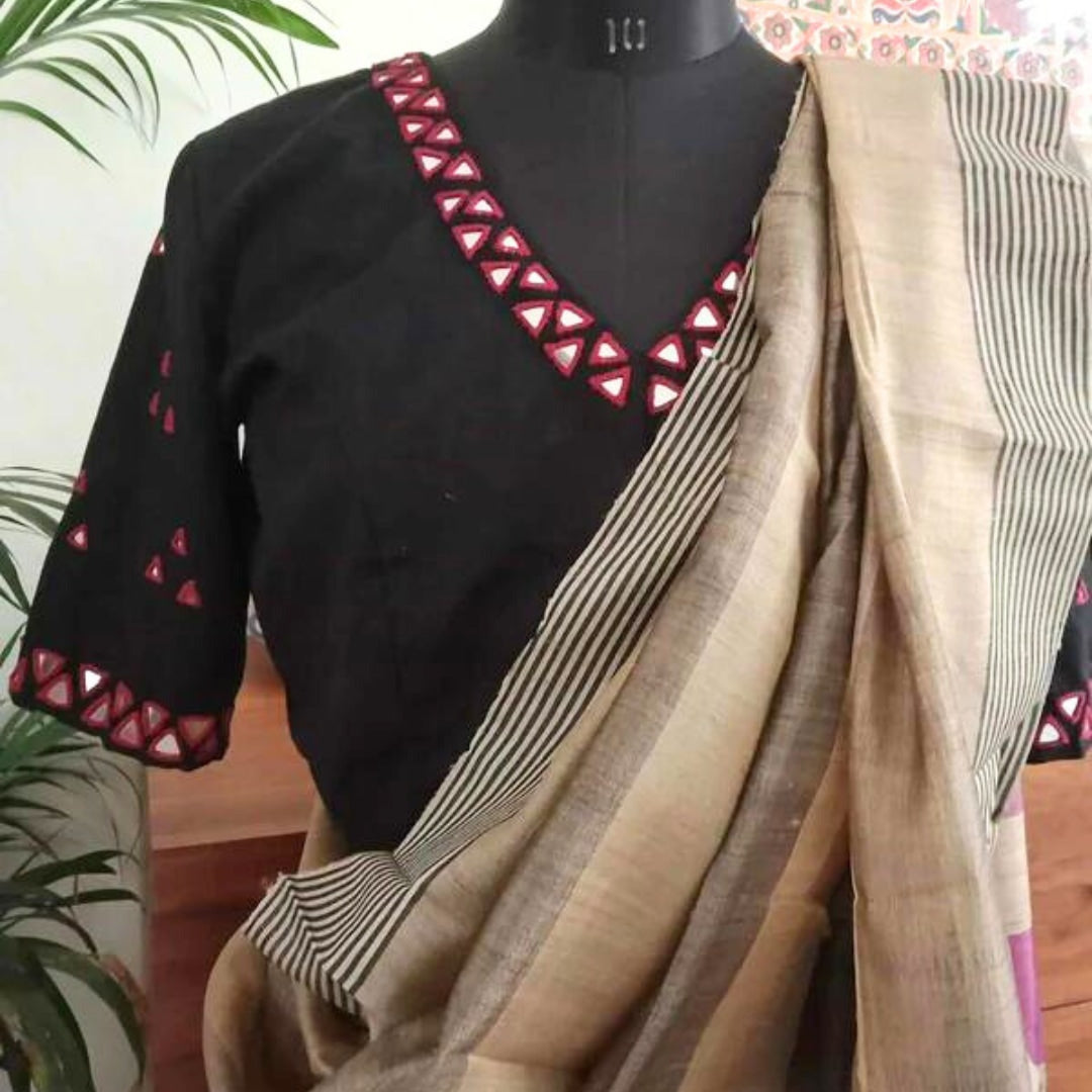 Black Readymade Blouse with Red Mirrorwork | Godhuli