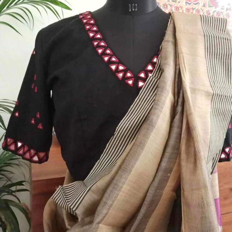 Black Readymade Blouse with Red Mirrorwork | Godhuli