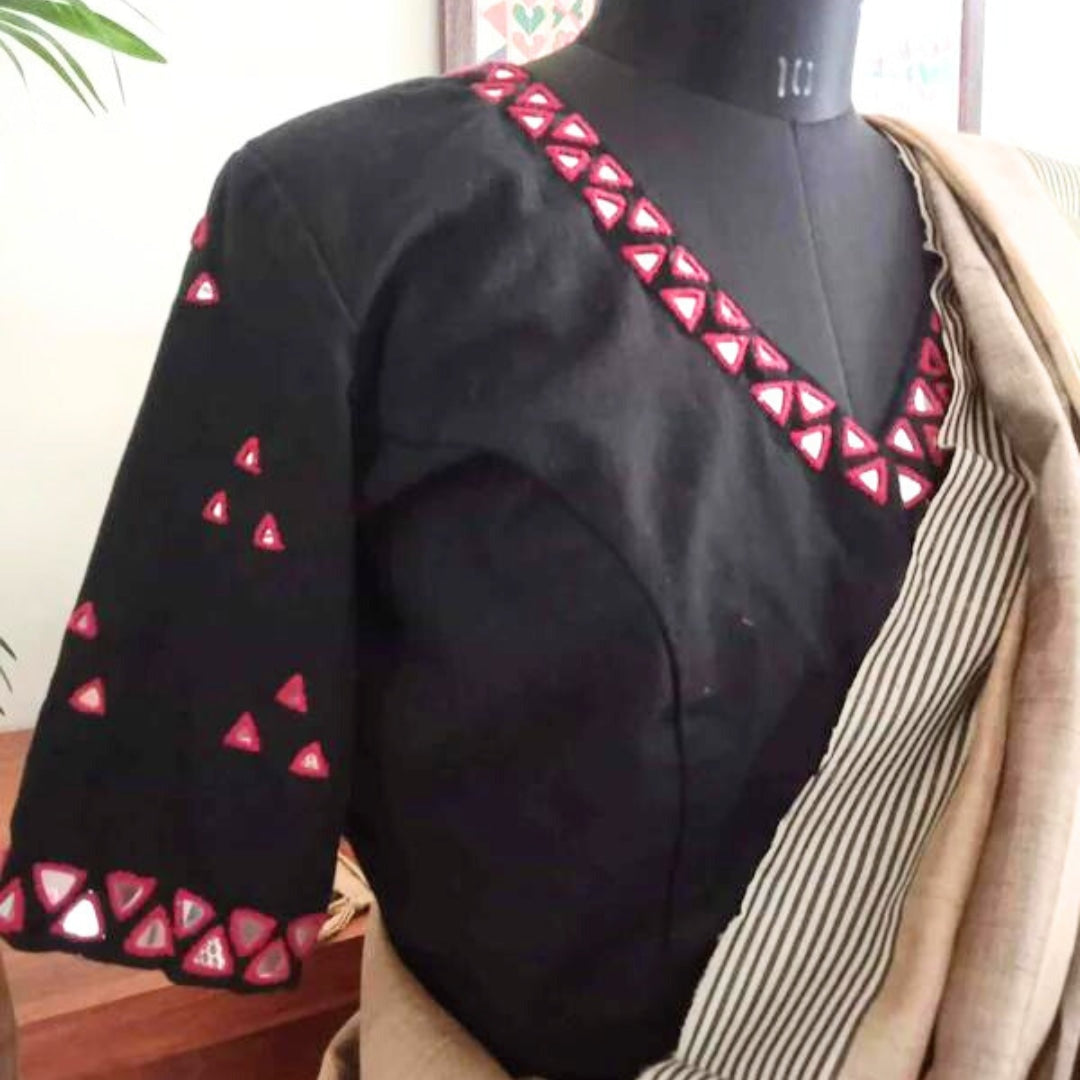 Black Readymade Blouse with Red Mirrorwork | Godhuli