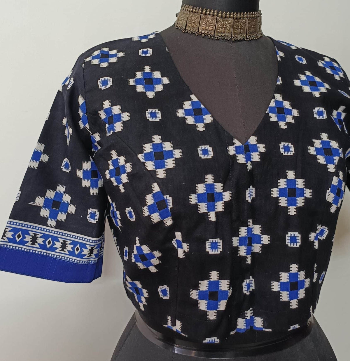 Black Blue Geometric Print Readymade Blouse | Godhuli
