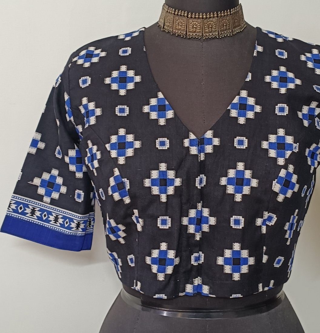 Black Blue Geometric Print Readymade Blouse | Godhuli