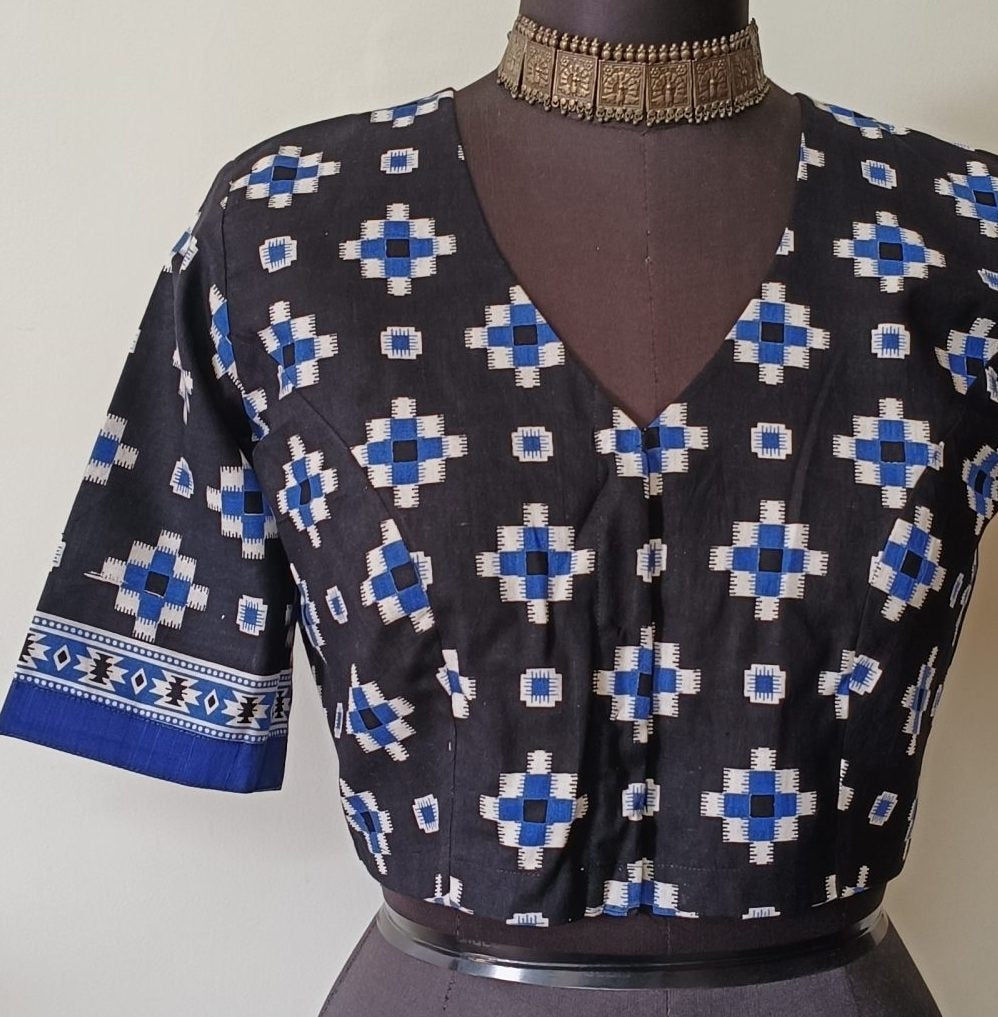 Black Blue Geometric Print Readymade Blouse | Godhuli