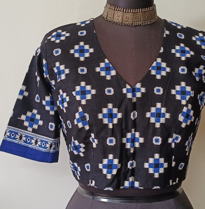 Black Blue Geometric Print Readymade Blouse | Godhuli