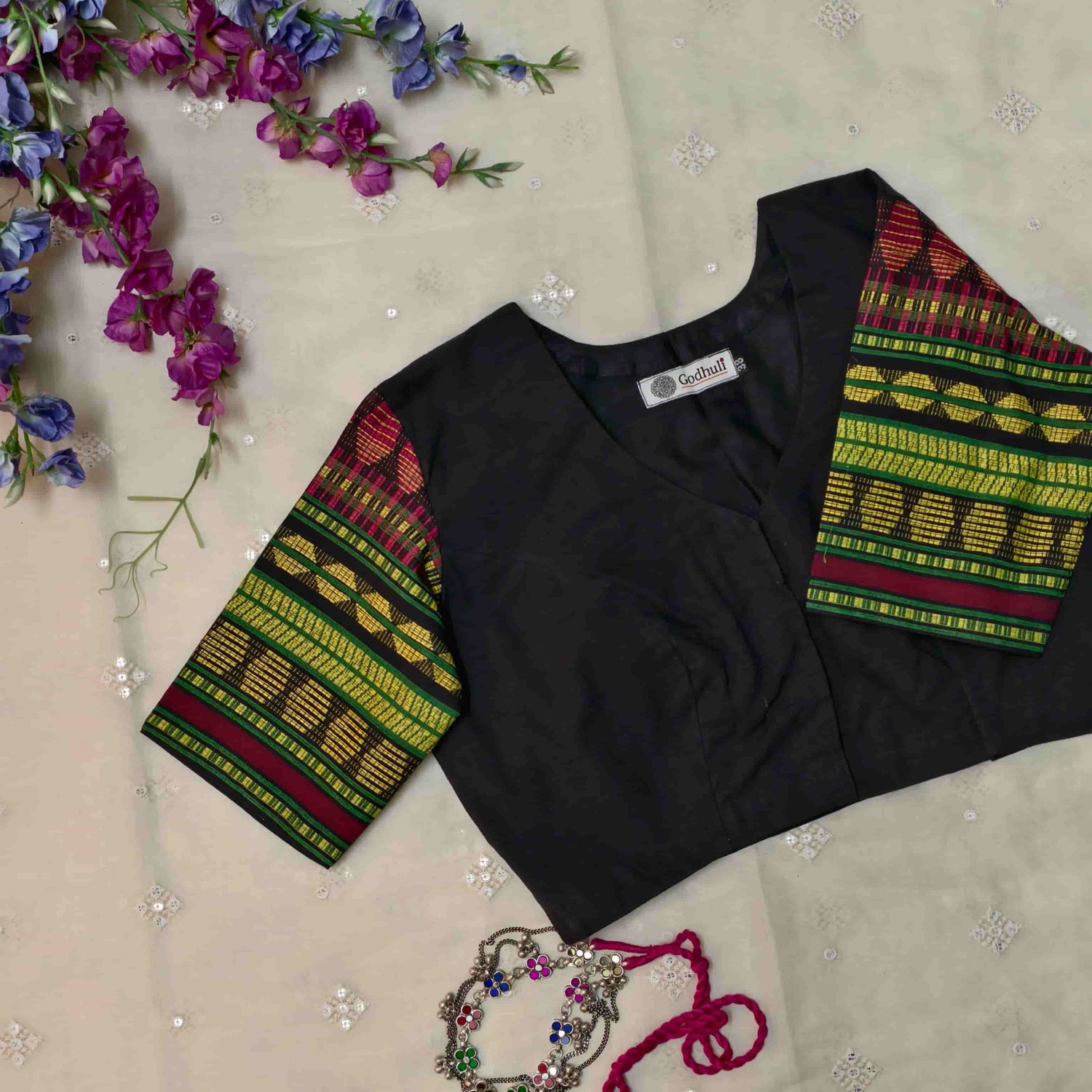 Black Colour Readymade Blouse with Jacquard Sleeves| Godhuli