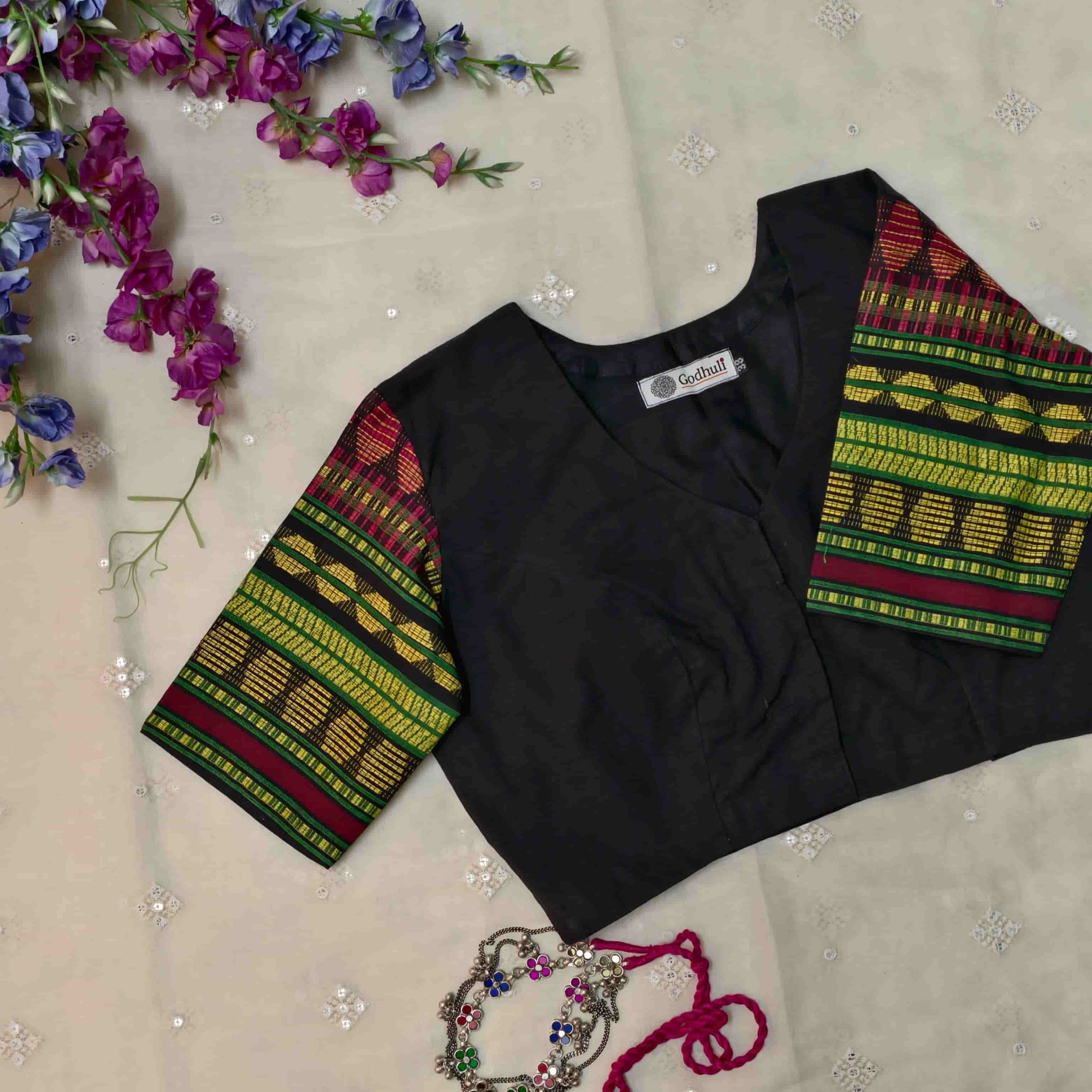 Black Colour Readymade Blouse with Jacquard Sleeves| Godhuli
