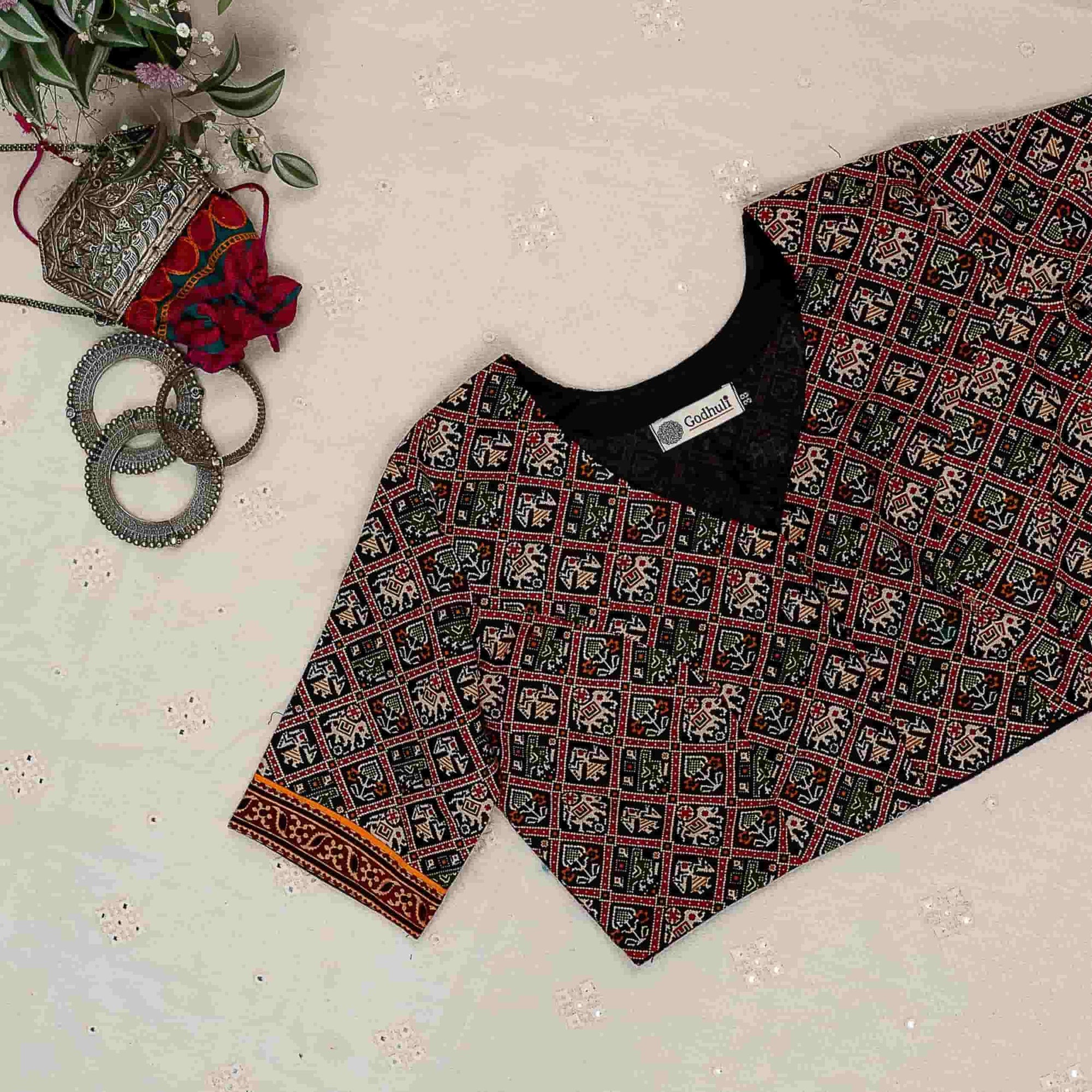 Black Cotton Patola Print Readymade Blouse | Godhuli