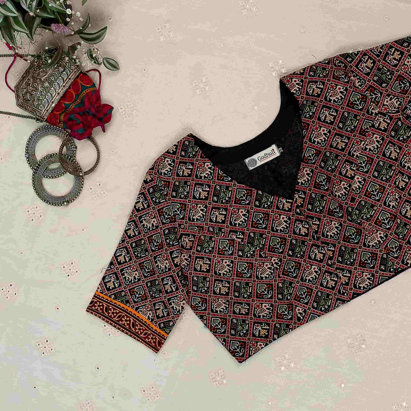 Black Cotton Patola Print Readymade Blouse | Godhuli